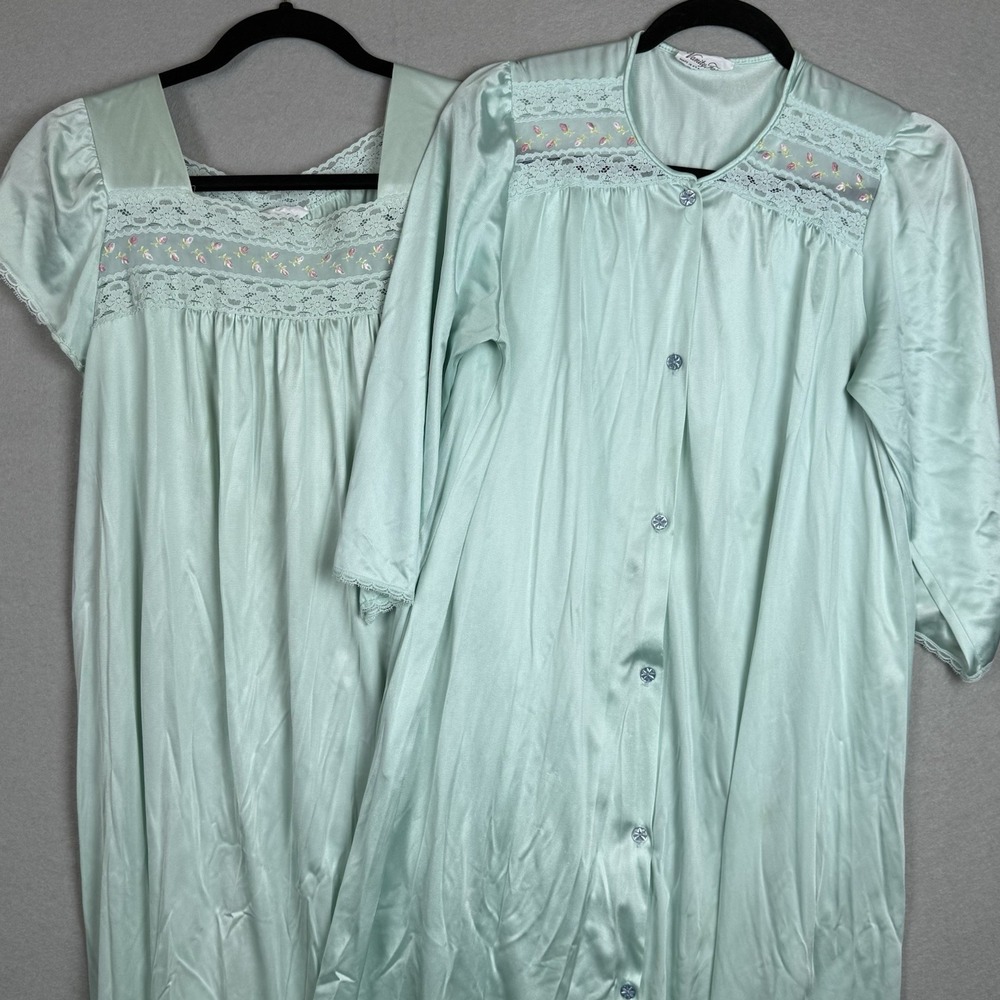 Vtg‎ Vanity Fair Nightgown Robe 2 Piece Mint Green Flowers Button Up Med *read